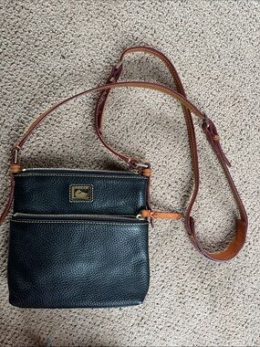 Dooney & Bourke Black Leather Crossbody with Brown Trim and Gold Hardware